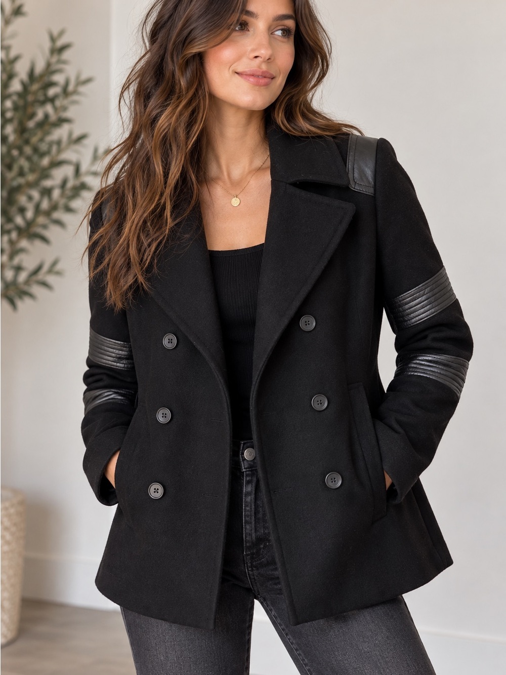 DKNY Black Double-Breasted Peacoat with Leather-Trim Sleeves